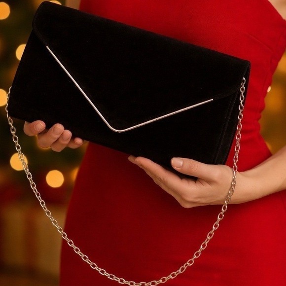 Handbags - Black Velvet Envelope Clutch Purse with Silver Chain Strap Formal Bag Unbranded